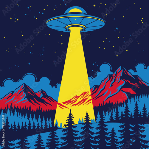UFO hovering above mountain landscape with bright beam of light  