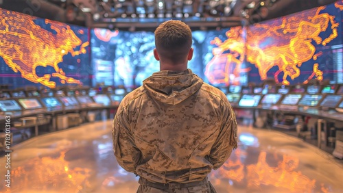 Wallpaper Mural Military officer overseeing global operations in a high tech command center, monitoring strategic data and world maps on multiple large screens for surveillance and defense Torontodigital.ca