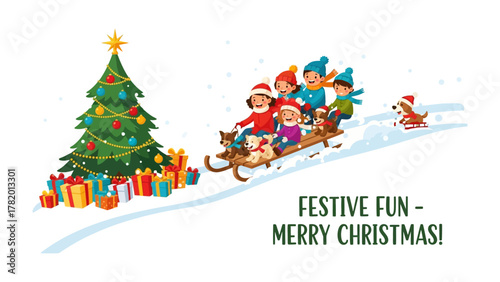 Joyful Christmas Scene: Children slide on a wooden sled pulled by dogs, alongside a decorated tree in a winter wonderland. A perfect Christmas celebration!