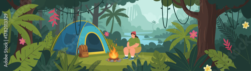 Man sitting by campfire in forest near tent during daytime  