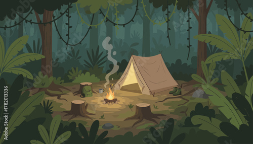 Camping tent with fire in lush forest setting at night  
