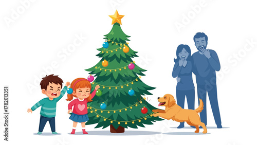 Joyful Holiday Moments: A heartwarming scene unfolds as a family prepares for the festive season. Two children and their playful dog interact, decorating a beautifully adorned Christmas tree.