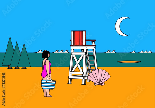 Woman in pink swimsuit standing by lifeguard chair on beach  