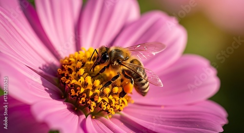 Bee on Pink Cosmos Flower Collecting Pollen in Summer Garden.