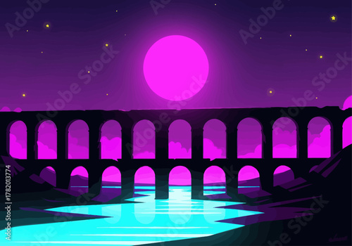Abstract landscape of a purple aqueduct under a glowing moon  