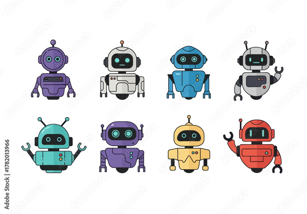 Fototapeta premium Colorful cartoon robots with various designs and expressions 