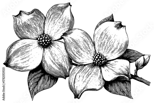 Elegant Black White Botanical Art - Dogwood Flower | Clean, isolated vector art for creative projects.