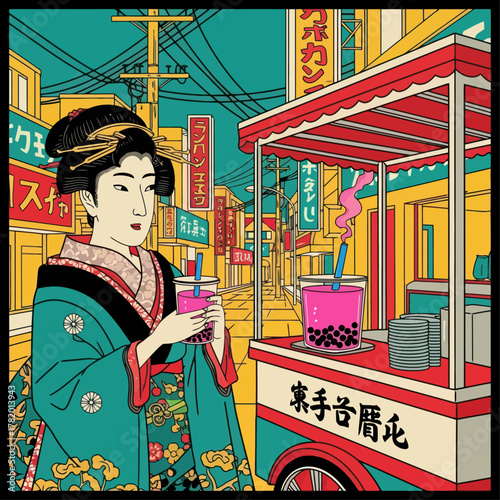 Japanese woman holding boba tea in a vibrant street market scene  