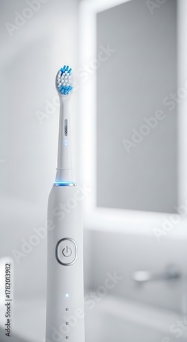 Electric Toothbrush in Minimalist Bathroom Setting for Oral Hygiene.