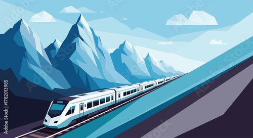 Train traveling through mountainous landscape in vibrant illustration  