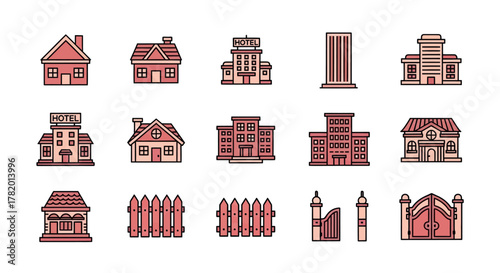 Various building icons in minimalist style with red and beige colors  