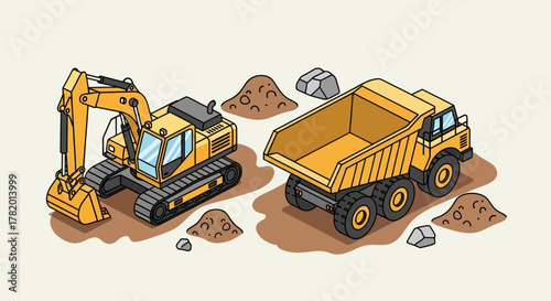 Excavator and dump truck on construction site with dirt and rocks  