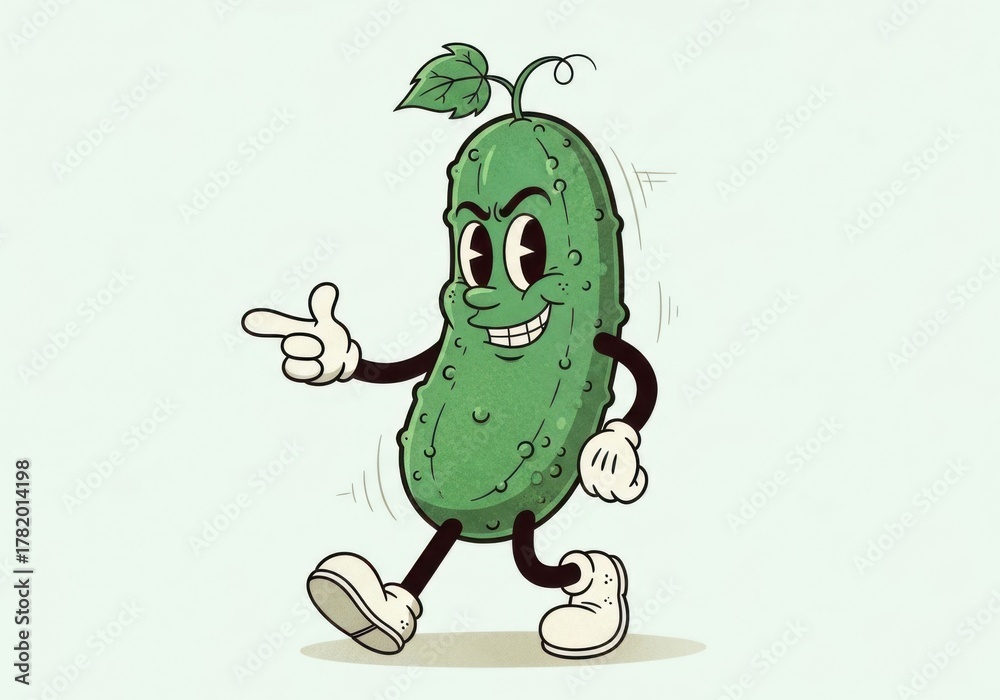 Obraz premium Retro cartoon pickle character with goofy eyes and a pointing finger in a fun pose