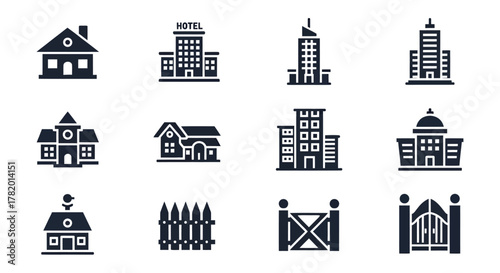 Various building icons in flat design style on white background  
