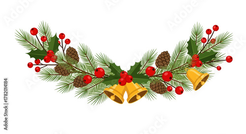 Holiday garland with pine branches, berries, and bells for decorations  