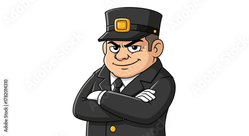 Cartoon character police officer smiling with arms crossed in uniform  