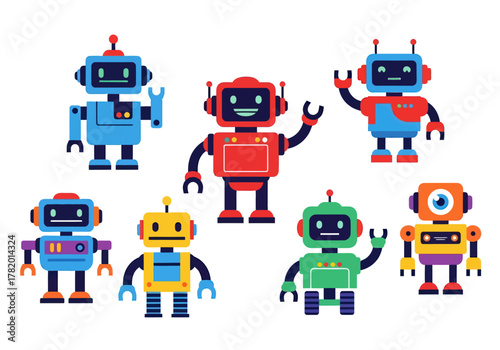 Colorful cartoon robots in various poses on white background  