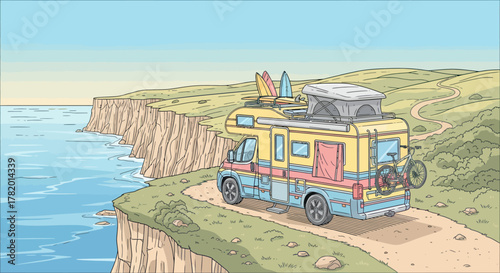 Colorful camper van parked on coastal cliff with surfboards and bikes  