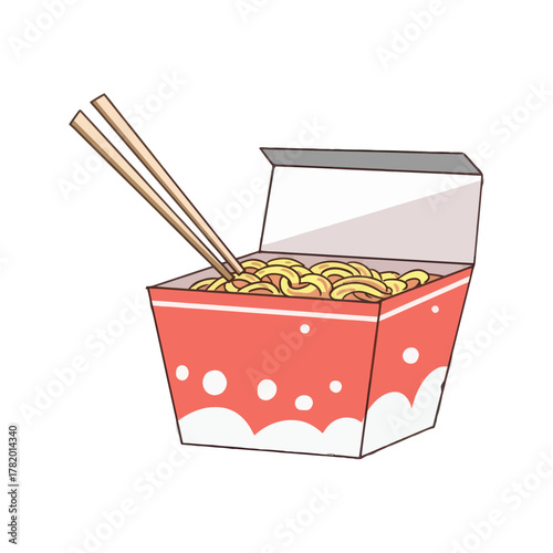Cartoon illustration of Chinese noodles in a takeout box.