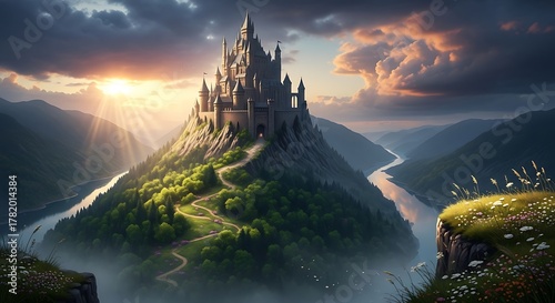 Majestic Castle on Hilltop - A Fantasy Landscape at Sunset.