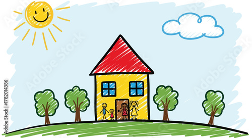 Children playing outside a colorful house with sun in background  