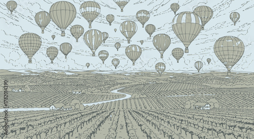 Vintage hot air balloons floating over farmland landscape  