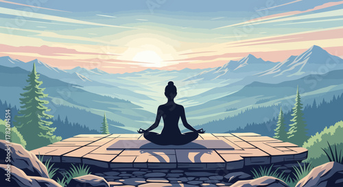 Silhouette of a person meditating on a stone platform at sunrise  