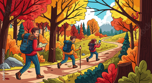 Group of hikers exploring colorful forest trail in autumn  