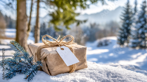 Gift wrapped in rustic style rests peacefully on snow, surrounded by evergreen trees under a bright, sunny winter sky in the mountains