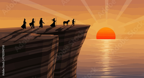 Silhouettes of people and dog standing on cliff during sunset  