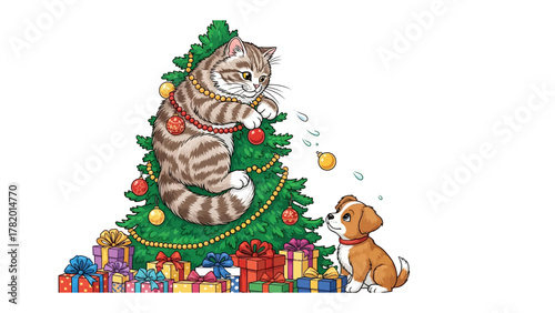 Festive Friends: A charming illustration depicts a playful scene of a curious kitten, adorning a decorated Christmas tree with glittering ornaments, sharing holiday spirit with a cute puppy.