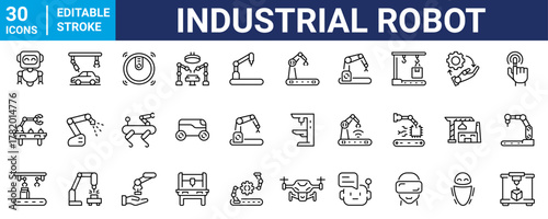industrial robotics and automation technology web line icons. engineering interfaces, and smart industry. Editable stroke. Vector illustration
