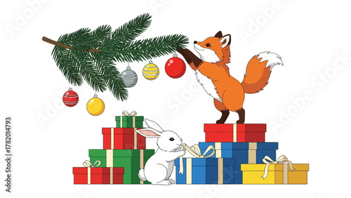 Festive Forest Friends: An adorable scene unfolds as a playful fox and a cute rabbit decorate a Christmas tree amidst a pile of colorful gifts, embodying the spirit of holiday cheer.