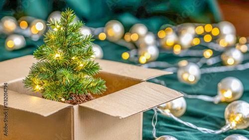 Miniature Christmas tree nestled in cardboard box surrounded by glowing holiday lights and festive decorations on a cozy green background