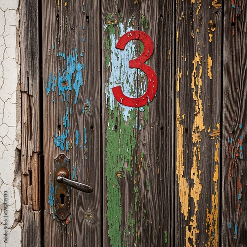 Weathered Door with Number Three - A Rustic Charm.