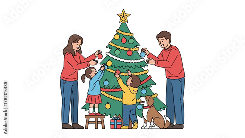 Festive Family Moments: A family decorates their christmas tree together, filled with colorful ornaments and joyful anticipation of holiday cheer. 