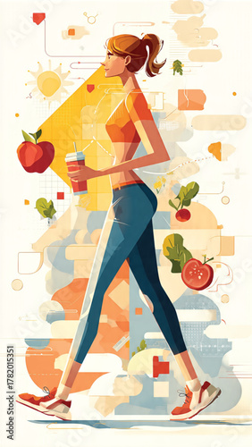 A healthy woman enjoys an active lifestyle, walking and carrying a drink, surrounded by symbols of wellness and nutrition