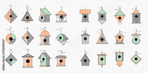 A collection of stylized birdhouses in various geometric shapes and pastel colors, featuring different designs and entry holes for birds.