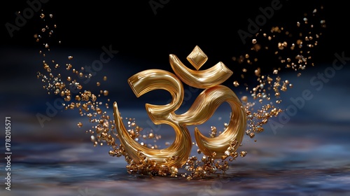 Golden Om Symbol with Decorative Particles Floating Around on Dark Background