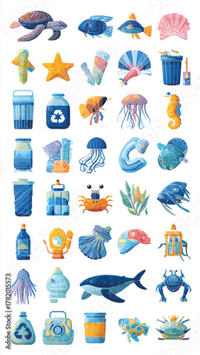 Ocean pollution illustrations featuring marine life and plastic waste