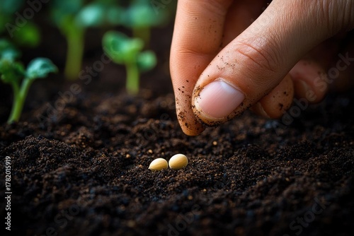 Close-up of a hand carefully planting small seeds into rich dark soil with green seedlings blurred in the background