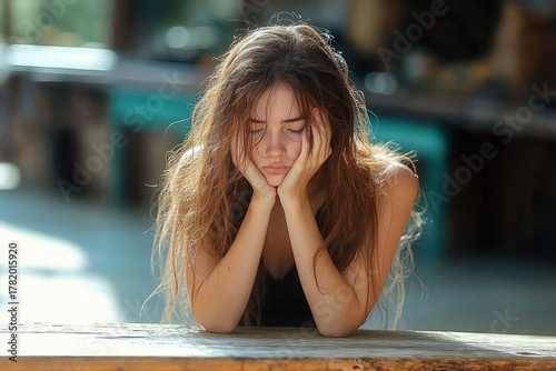 Young woman with long messy hair resting her face in her hands looking down with a contemplative and tired expression at a wooden table in soft warm light