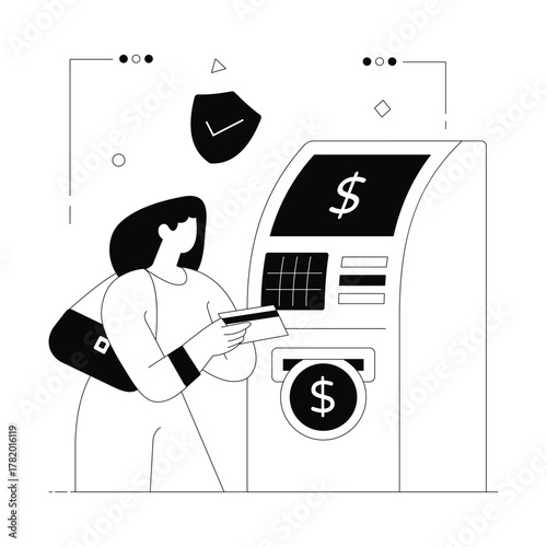 Withdrawing or depositing cash securely through an automated teller Solid Vector Illustration 