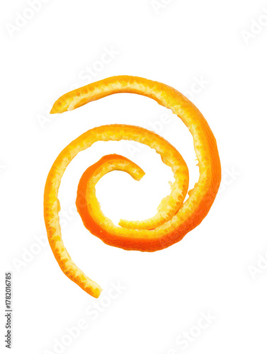 A single, bright orange citrus peel spiraled into a perfect swirl on a white background.