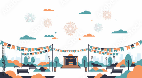 Outdoor festival scene with a stage and bunting flags vector illustration