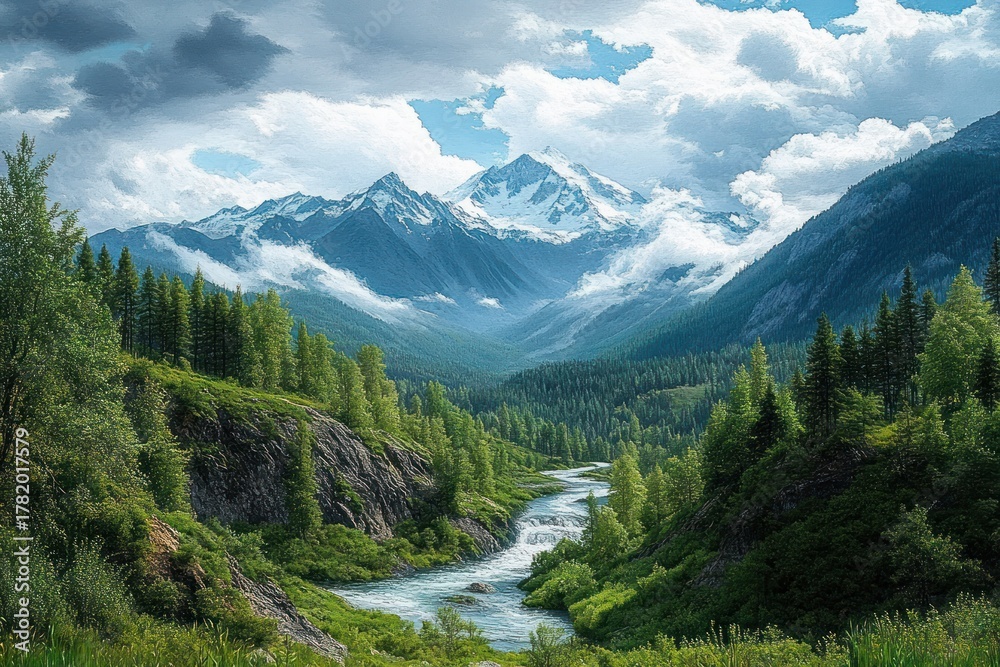 Fototapeta premium River flowing through lush green forested valley with rocky cliffs under cloudy sky and towering snow-capped mountain range in the background