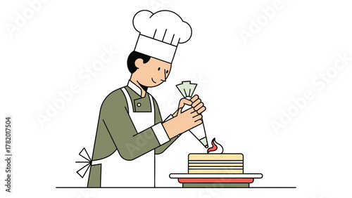Professional pastry chef decorating a cake with icing vector illustration for culinary arts and bakery concepts isolated on white background