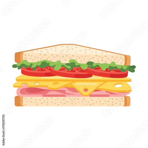 Tasty sandwich with cheese, lettuce, tomato, and ham