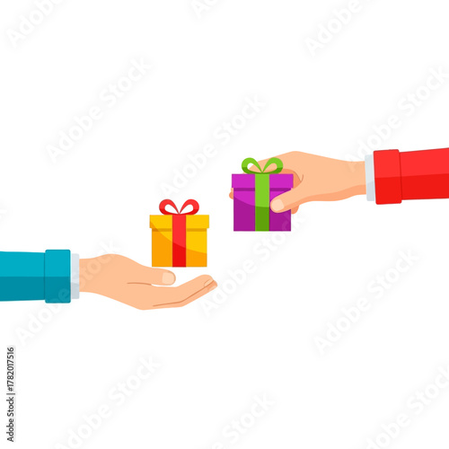 Human hands exchanging a wrapped gift box