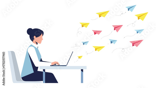 Woman using laptop with paper airplanes flying out sending emails and messages vector illustration on white background